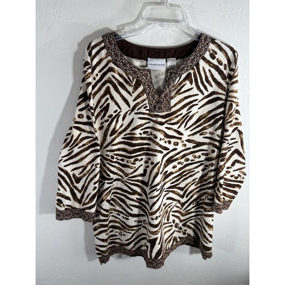 Alfred Dunner Vintage Animal Print Cream Brown Split Neck Woman’s Large Blouse - Picture 1 of 10
